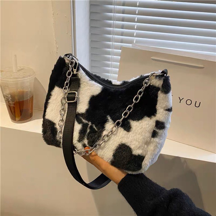 y2k fluffy cow print shoulder bag with chain Women s Fashion