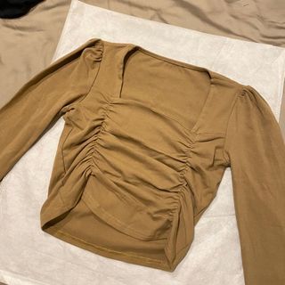 yboutique 方領抓皺短版長袖上衣