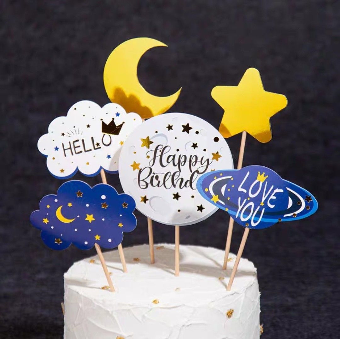 Moon Theme Cake Decoration Moon Bear Doll Ornament Happy Birthday Insert  Girl Boy Baby Shower party supplies Cake Topper Decor