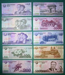 朝鲜/ 北韩 North Korea 5，10，50，100，200，500，1000，2000，5000 x2 Won  (2002 -2013 10pcs Full Set ommemorative Specimen Version）UNC 100% news & Genuine Banknote