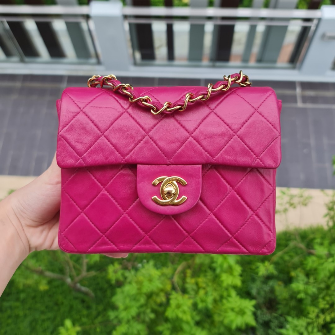 Chanel mini square flapbag fuchsia lambskin ghw