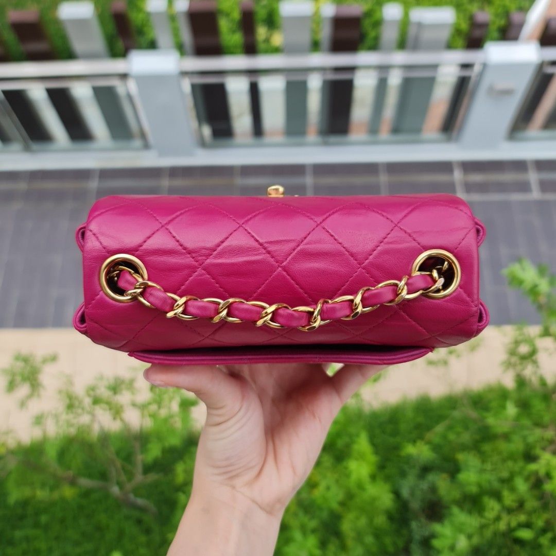 Vintage Chanel Mini Straight Flap Bag Pink Satin Gold Hardware