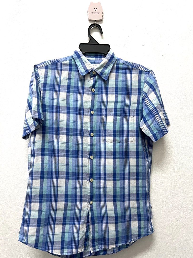 ANN2070 uniqlo men S size cotton checkered blue casual shirt