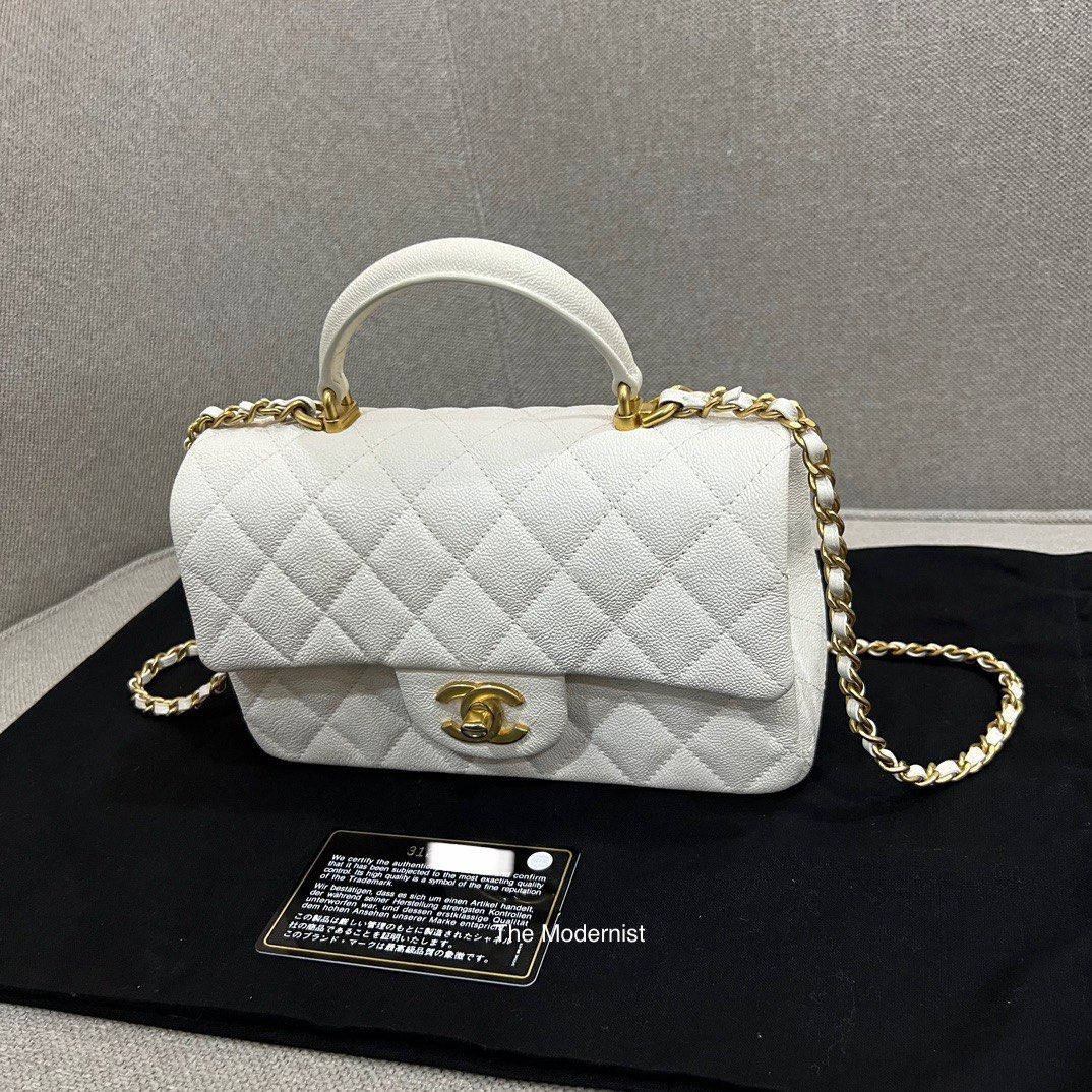 Authentic Chanel Mini New Sweet Heart Flap Caviar White GHW
