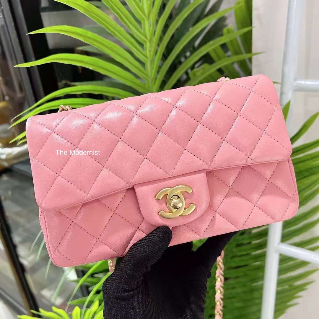 Chanel Mini Rectangular Flap Bag Pink Colour Lambskin with Champagne G