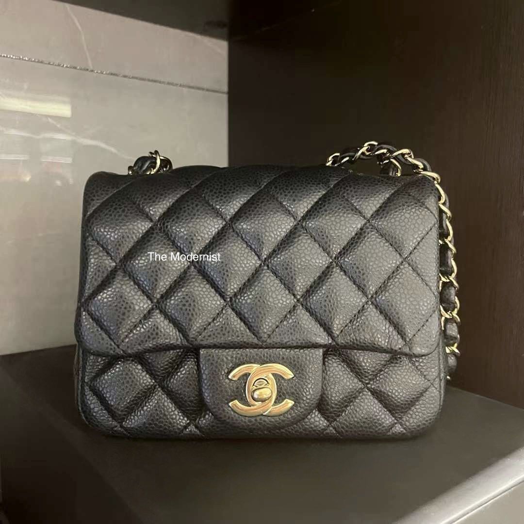 Authentic Chanel Square Mini Flap Bag Black Caviar Gold Hardware