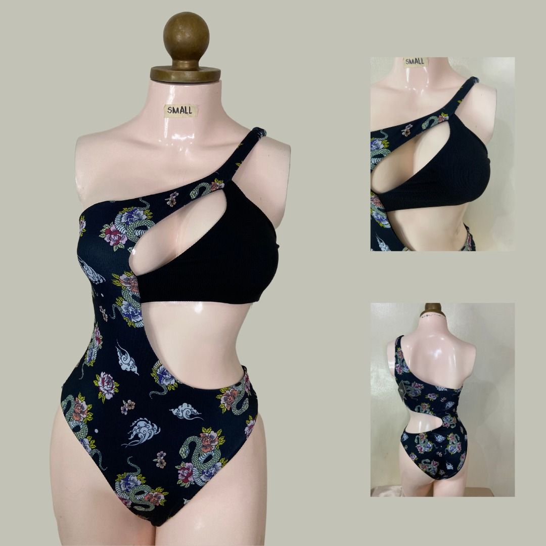 black one sided cut out zaful one piece swimsuit Women s Fashion