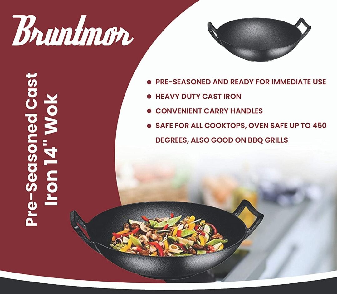 Bruntmor Pre Seasoned Cast Iron Wok Large Loop Handles Flat Base Gray 14-inch