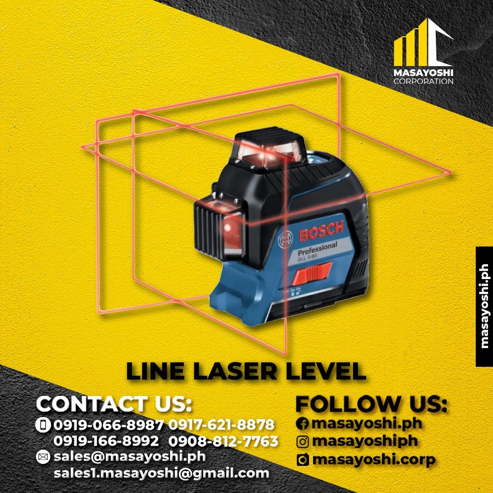 Bosch GLL 3-80 Line Laser Level (Category: Construction Tools & Equipment) located in Caloocan City. Submitted by Jobie_Reyes (Listing ID 1213980116, Image 1). Description: Laser diode 640 nm, < 1 mW Operating temperature -10 – 40 °C Storage temperature -20 – 70 °C Laser class 2 Working range 40 m Working range with receiver 80 m (Diameter) Working range without receiver 40 m (Diameter) Accuracy ± 0.2 mm/m Self-levelling range ± 4° Levelling time