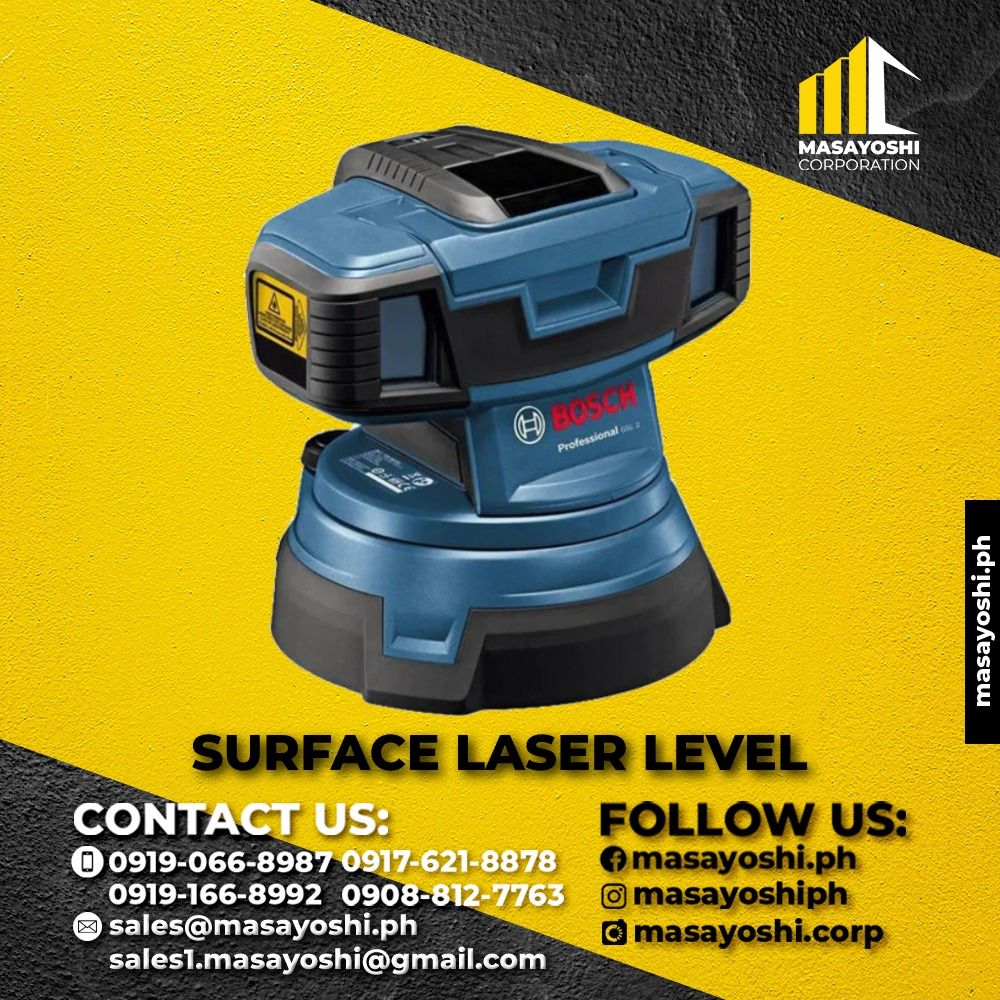 Bosch GSL 2 Surface Laser Level, Bosch Tools (Category: Construction Tools & Equipment) located in Caloocan City. Submitted by Jobie_Reyes (Listing ID 1213979899, Image 1). Description: Laser diode 630 - 670 nm, < 5 mW Laser class 3R Working range 10 m Working range with target plate 20 m Accuracy ± 0.3 mm/m Self-levelling range ± 4° Rotation speed fast 1rpm / slow 3rpm / stepwise typical 0.05° Operating time (max.) 25 h Weight, approx. 1.4 kg.
