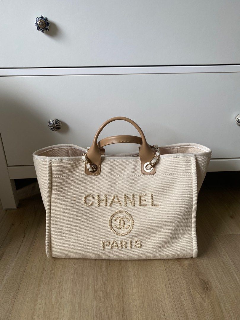 CHANEL Deauville Small Lurex Boucle Canvas Tote Bag Grey