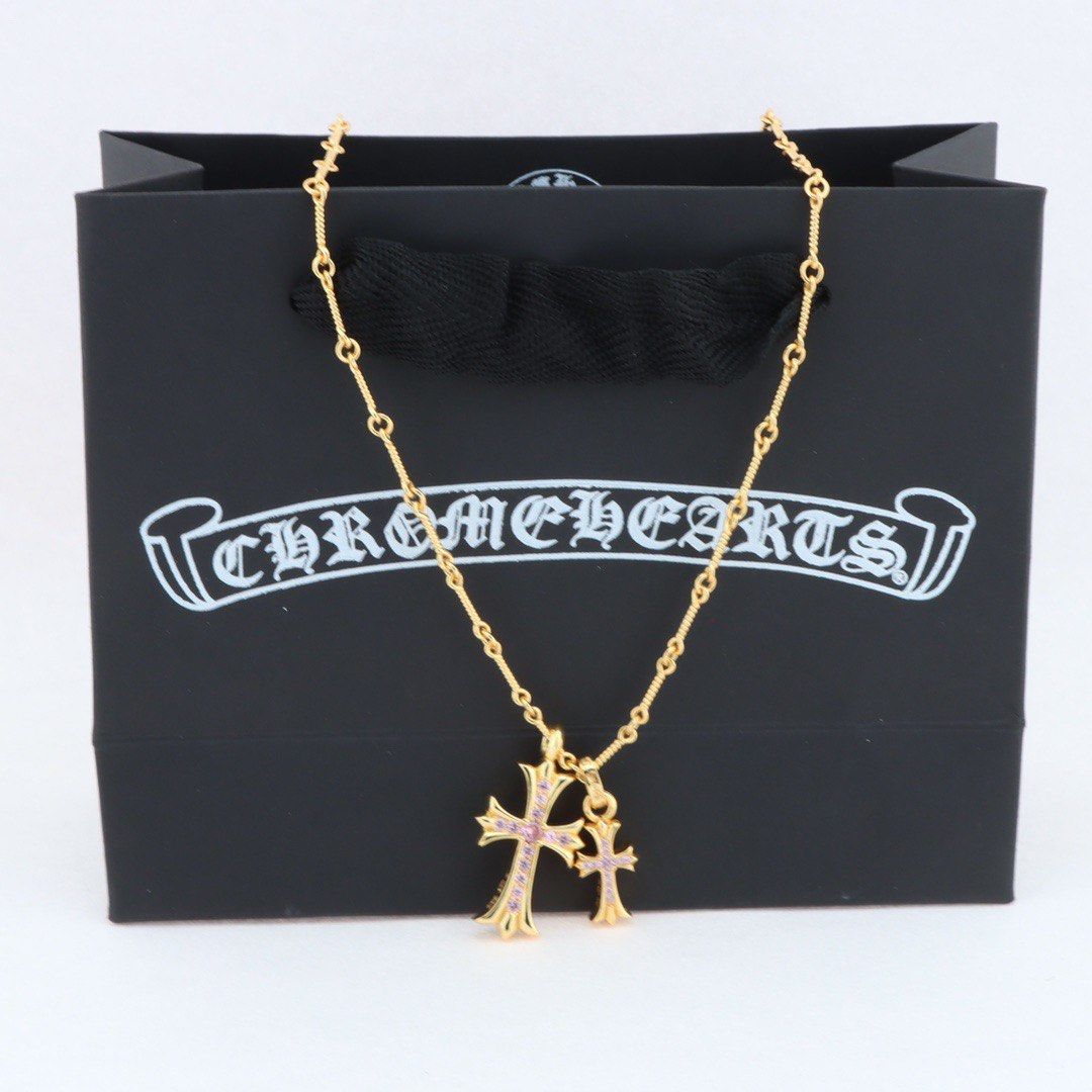 Chrome Heart Cross Series 18K Yellow Gold Full Diamond Crucifix Pendant  Necklace