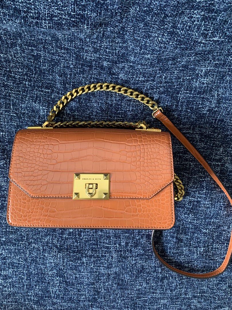 CrocEffect Chain Strap Crossbody Bag Cognac, Luxury, Bags & Wallets