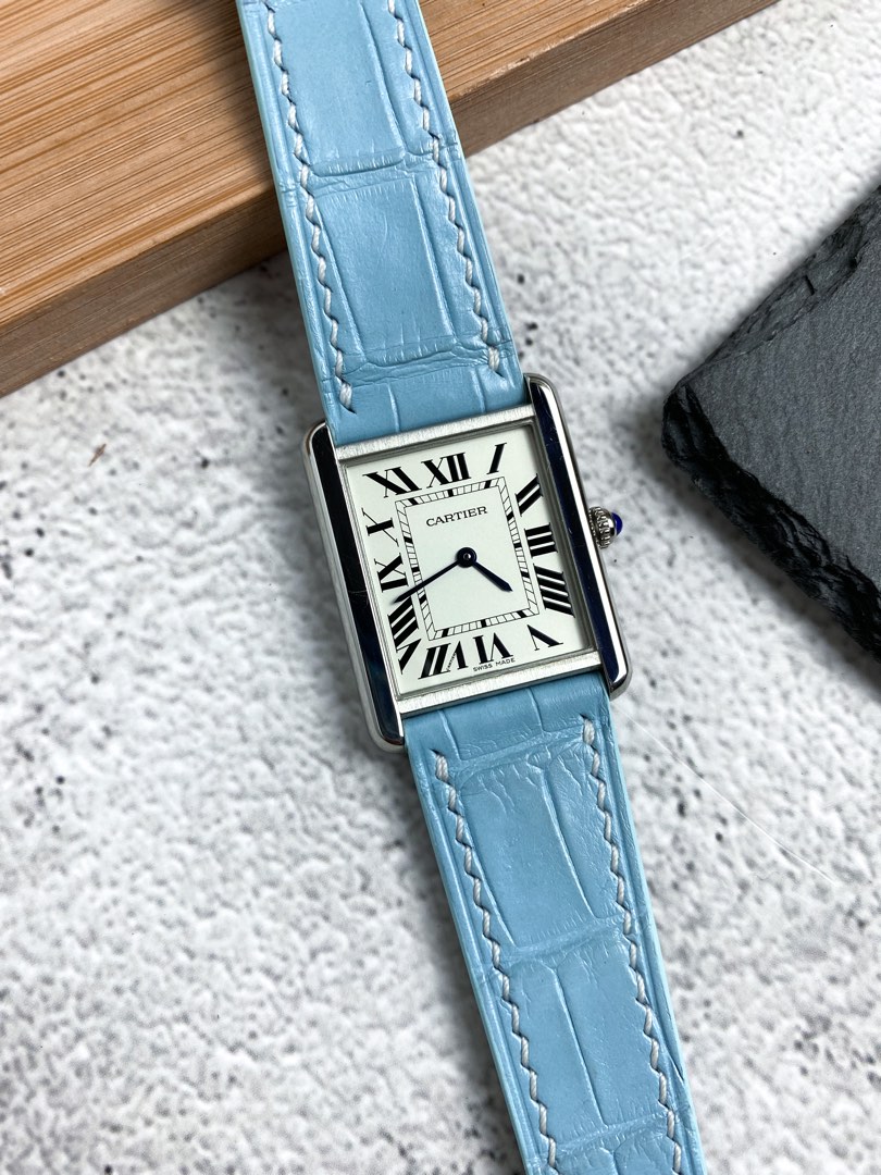 Handmade Sky Blue Alligator Leather Watch Strap for Cartier Tank S
