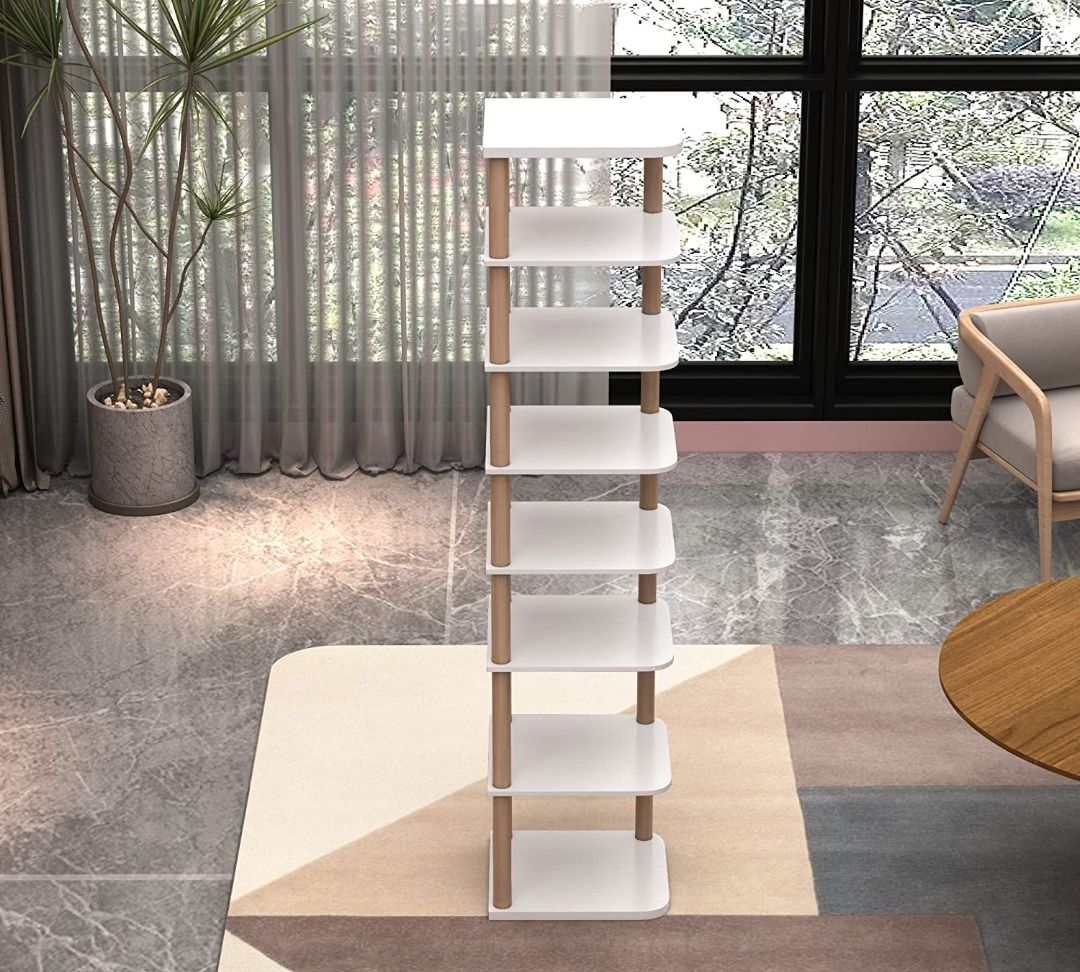 LUCKNOCK 8 Tiers Vertical Shoe Rack Narrow Shoe Organizer Stylish Wooden Shoe Storage Stand Space Saving Shoe Shelf Shoe Tower Free Standing Shoe Racks for Entryway No Tool Assembly White. Furniture H...