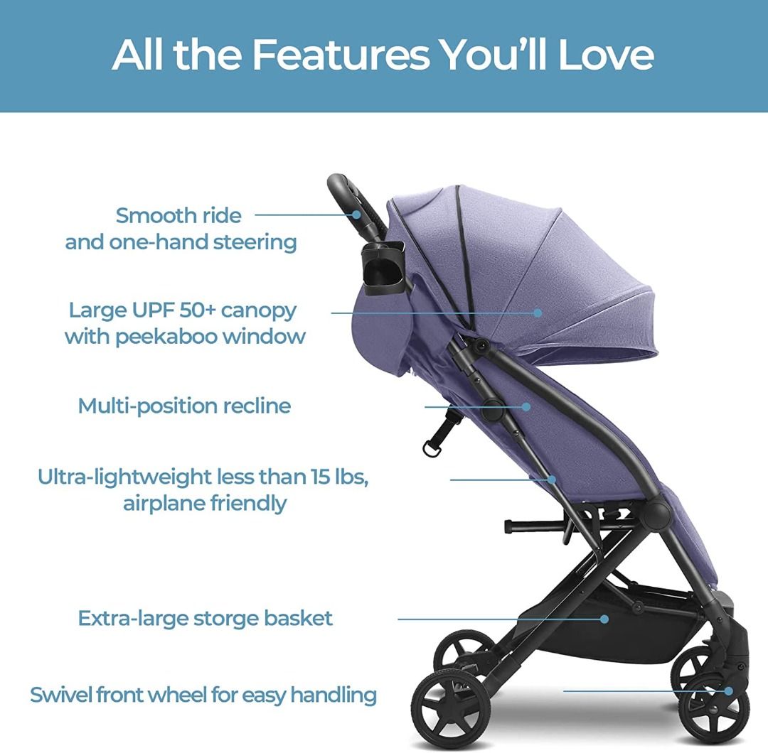 Mompush Lithe Lightweight Stroller Compact One Hand Fold Luggage Style Travel Stroller for Airplane Friendly Reclining Seat and XL Canopy with