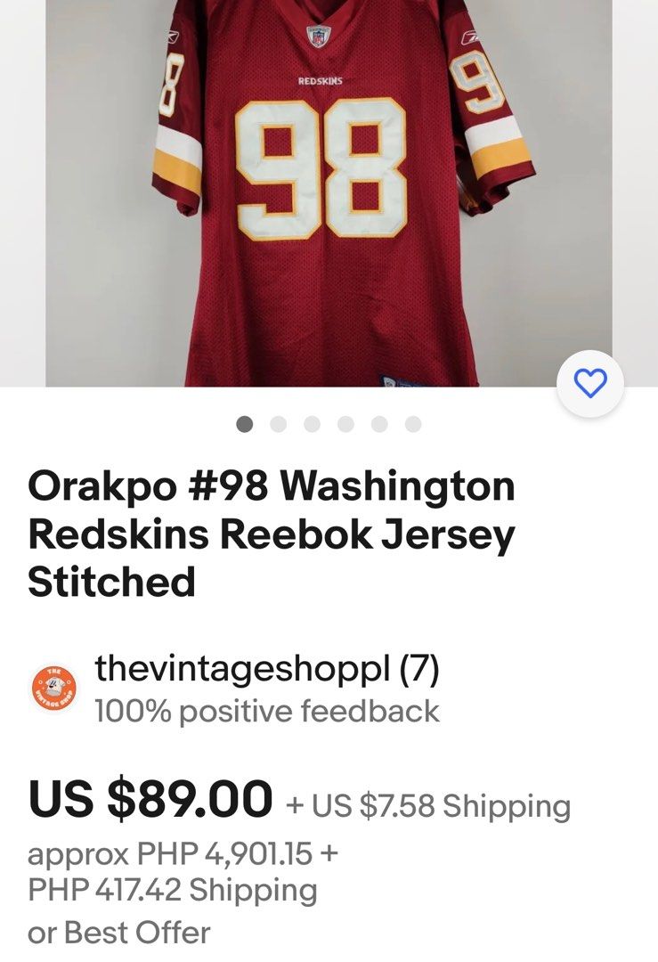 2009-11 WASHINGTON REDSKINS ORAKPO #98 REEBOK ON FIELD JERSEY