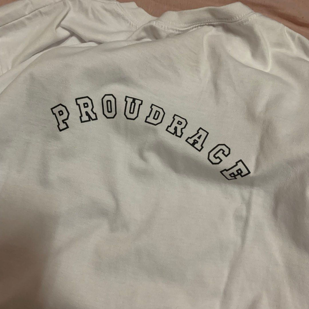 Proudrace Sweater as seen on BTS (Category: Coats, Jackets and Outerwear) located in Manila. Submitted by potatosell (Listing ID 1214124475, Image 3). Description: White cotton long sleeves with print on front, back, and sleeves One size only, oversized even for M-L RM namjoon Jin Suga Jhope Jimin V taehyung jungkook.