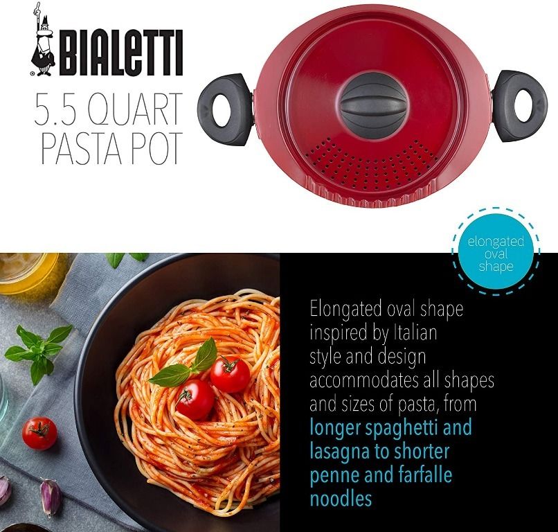 Bialetti Oval Aluminum 5.5 Quart Pasta Pot with Strainer Lid, Nonstick,  Red, 5.5 Quarts