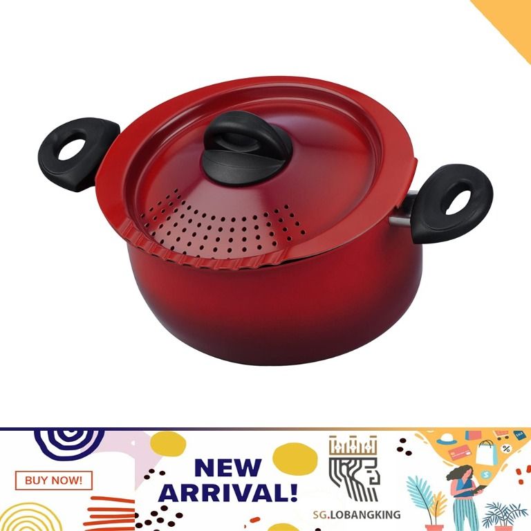 Bialetti Oval Aluminum 5.5 Quart Pasta Pot with Strainer Lid, Nonstick, Red