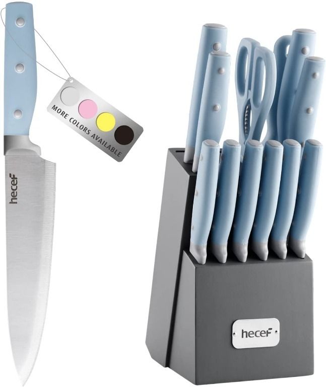  hecef 14 Pieces Knife Set with Block, Rainbow Titanium Knives  Set with Laser Pattern, Martensitic Stainless Steel Chef Knife Set with  Sharpener, Steak Knife, Scissors, Mothers Day Gift(Blue): Home & Kitchen