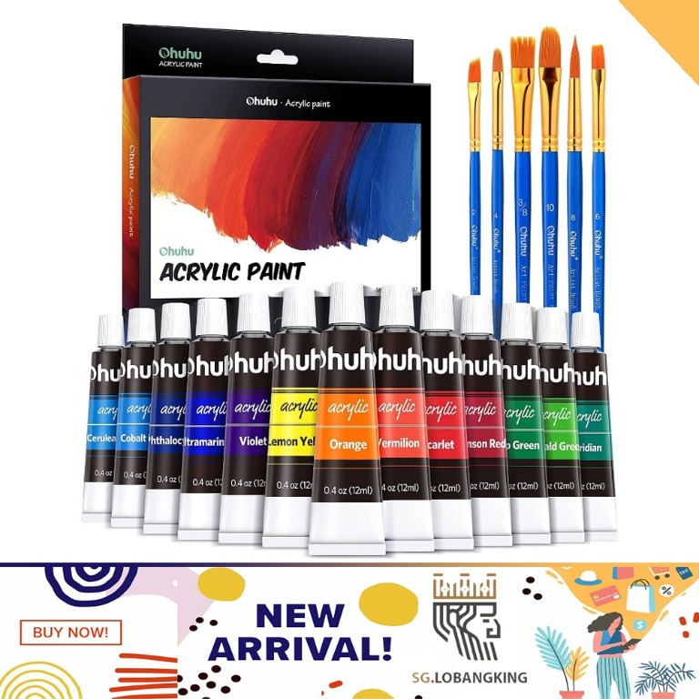 Crafts 4 All Acrylic Paint Set for Adults and Kids - 12 Pack of 12ml Paints with 12 Art Brushes & 4 Canvases, Non-Toxic Craft Paint, Hallowee