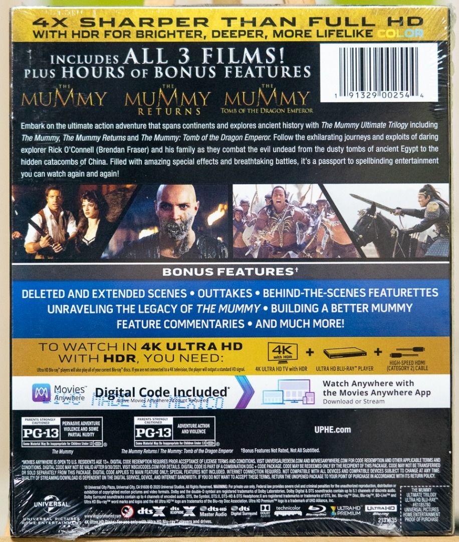 The Mummy Ultimate Trilogy 4k Blu-ray (Category: CDs & DVDs) located in Mandaluyong City. Submitted by bernartem (Listing ID 1214053655, Image 3). Description: Brand new and sealed Authentic and original US version HDR10, DTS:X 6-Disc Set (Three 4K discs + Three Blu-ray discs) 1. The Mummy (1999) 2. The Mummy Returns (2001) 3. The Mummy: Tomb of the Dragon Emperor (2008).
