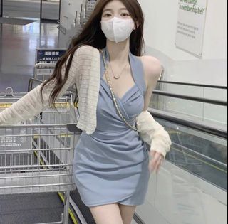 粉藍色吊頸深V 緊身包臀連身短裙64235021527938110