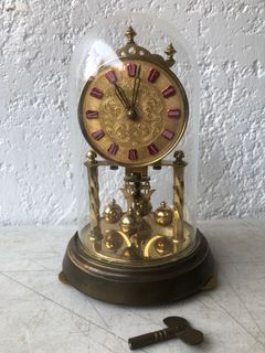 Vintage Brass Anniversary Clock FHS Hermle Germany Mechanical Winding Glass Dome