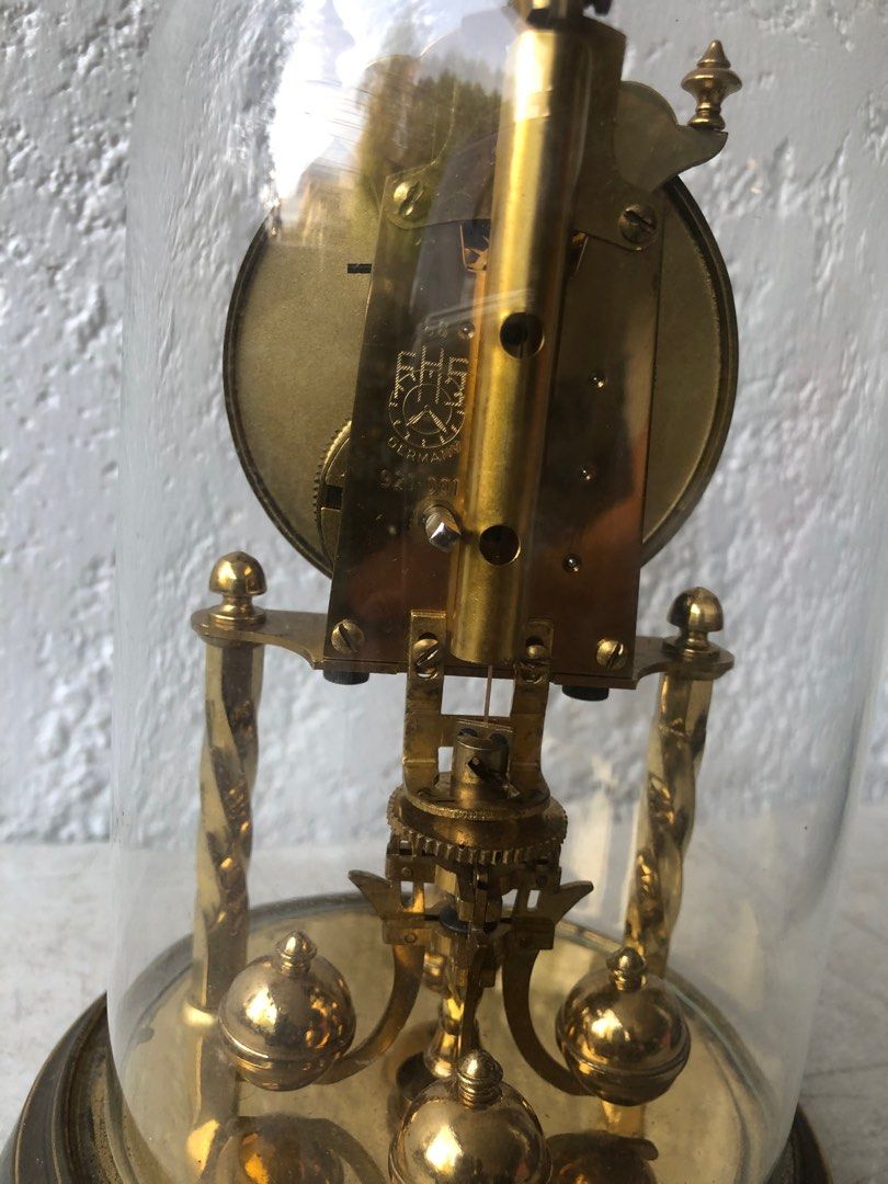 Vintage Brass Anniversary Clock FHS Hermle Germany Glass Dome