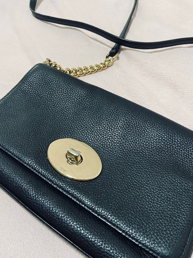 Coach Sling Bag black leather with gold chains, Women's Fashion, Bags