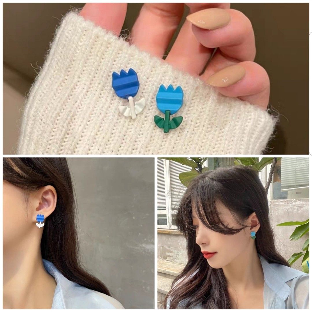 Cute Different Side Feminine 2 Colors Light Dark Blue Floral Flower Petal Tulip Earrings S925 Romantic Girl Lady Gift Anniversary School Elegant Sweet