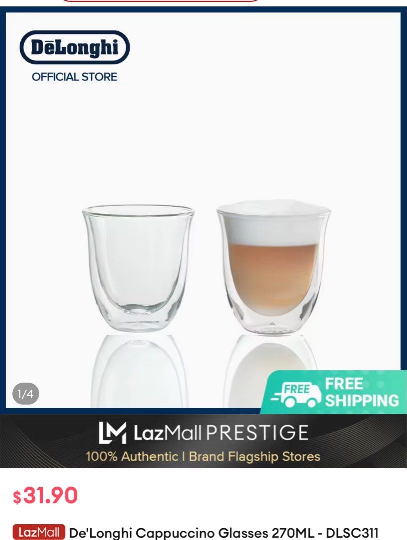 Delonghi Cappuccino (190ml) double wall coffee cups/glasses, Furniture