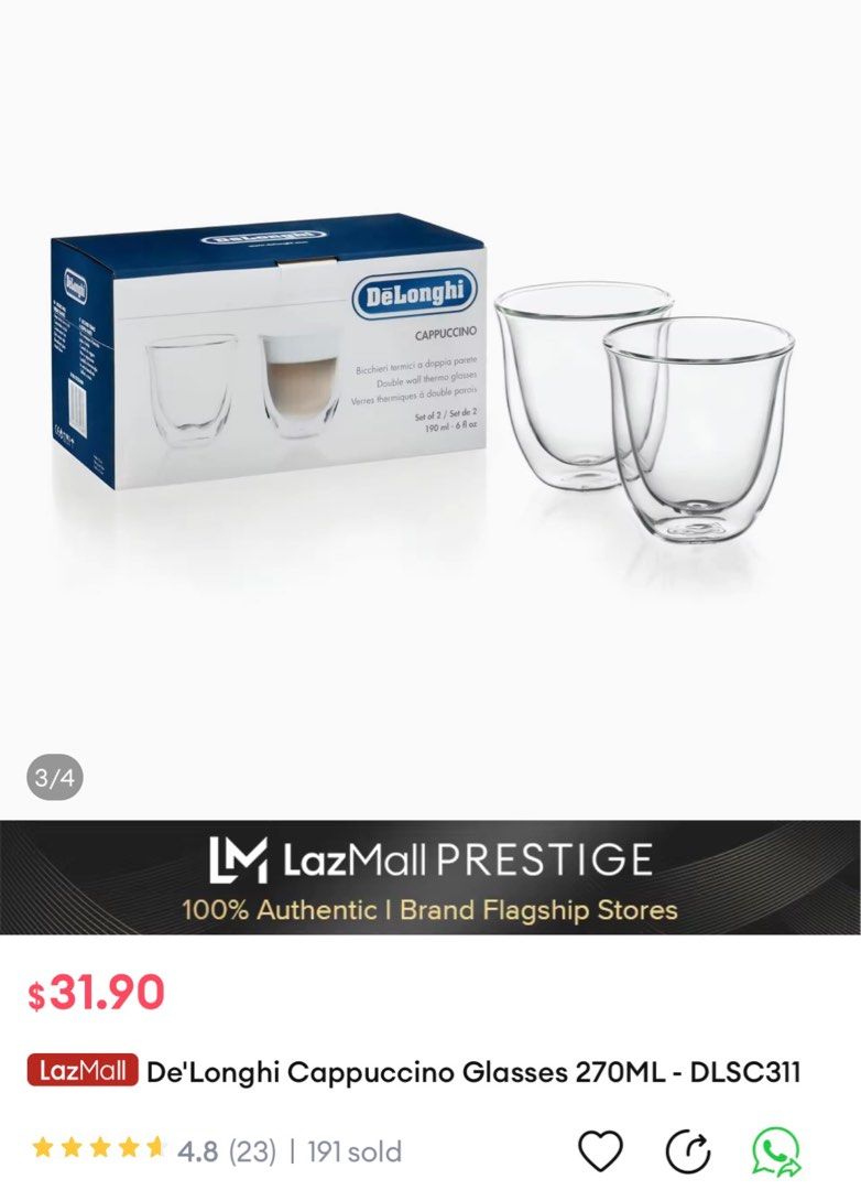 Delonghi Cappuccino (190ml) double wall coffee cups/glasses, Furniture