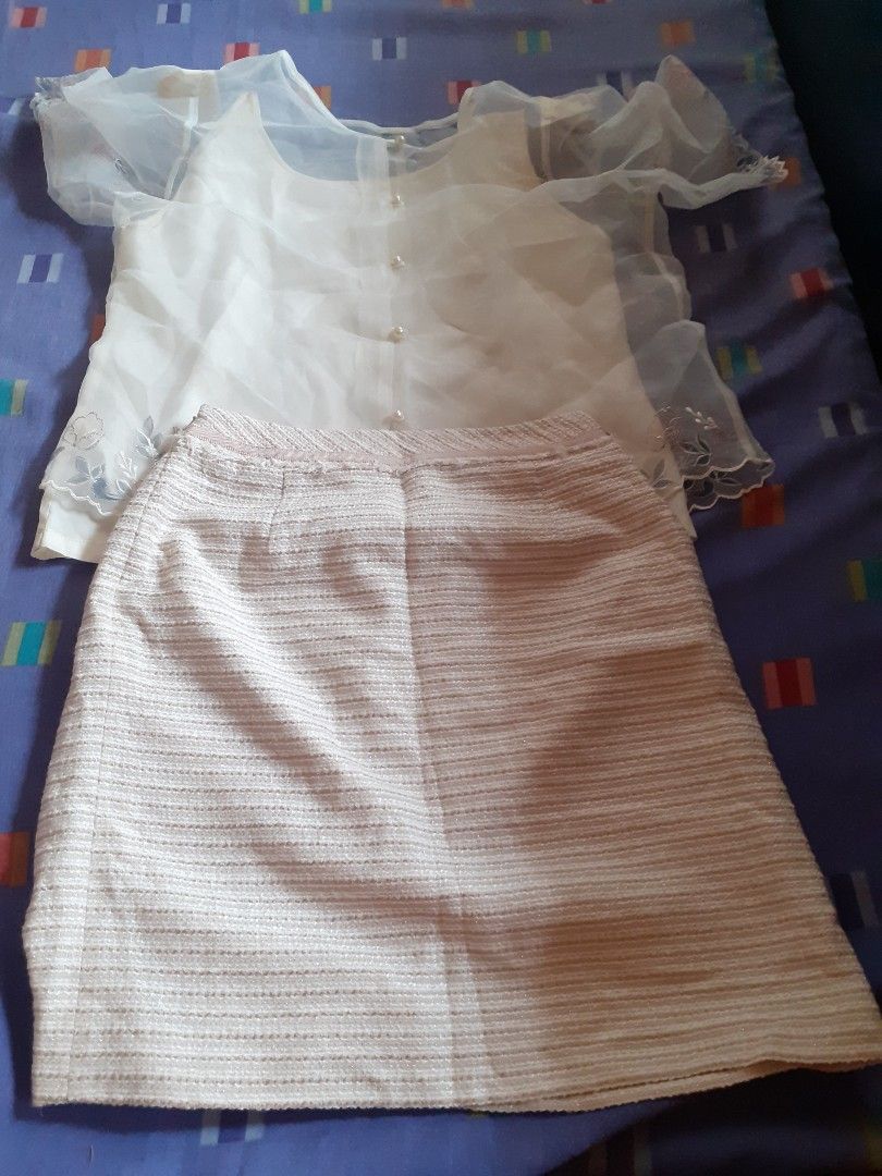 White Filipiniana Set w/ Lace Overlay