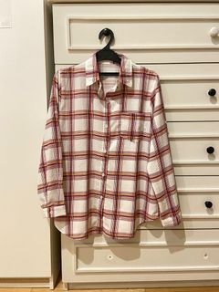 flannel kotak kotak putih merah muda pink kemeja