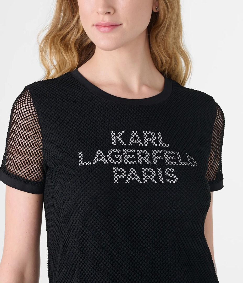 Karl Lagerfeld Paris Mens Logo Mesh Overlay Tee Shirt， Black