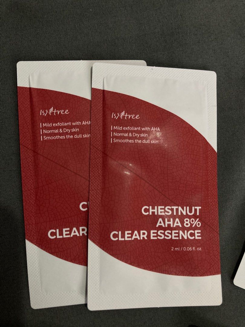 Isntree sample sachets (Category: Face Care) located in Quezon City. Submitted by decluttertyme (Listing ID 1214335034, Image 2). Description: - 250php for all, 45php each (save 65php) - authentic from Isntree Korea - avail samples: 2pcs Chestnut AHA 8% clear essence 2pcs Chestnut BHA 2% clear liquid 1pc Onion Newpair gel cream 1pc Yam Root Vegan Milk cleanser 1pc TW Real Befida Ampoule .