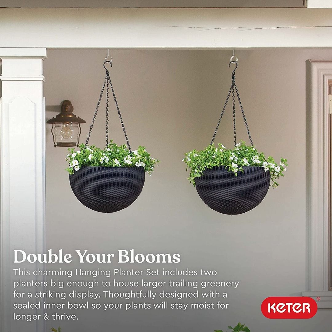 Keter Resin Rattan Set of 2 Round Hanging Planter Baskets for Indoor and Outdoor Plants Perfect for Porches and Patio Decor Dark Grey Furniture Home Living Furniture Other Home Furniture on Carousell