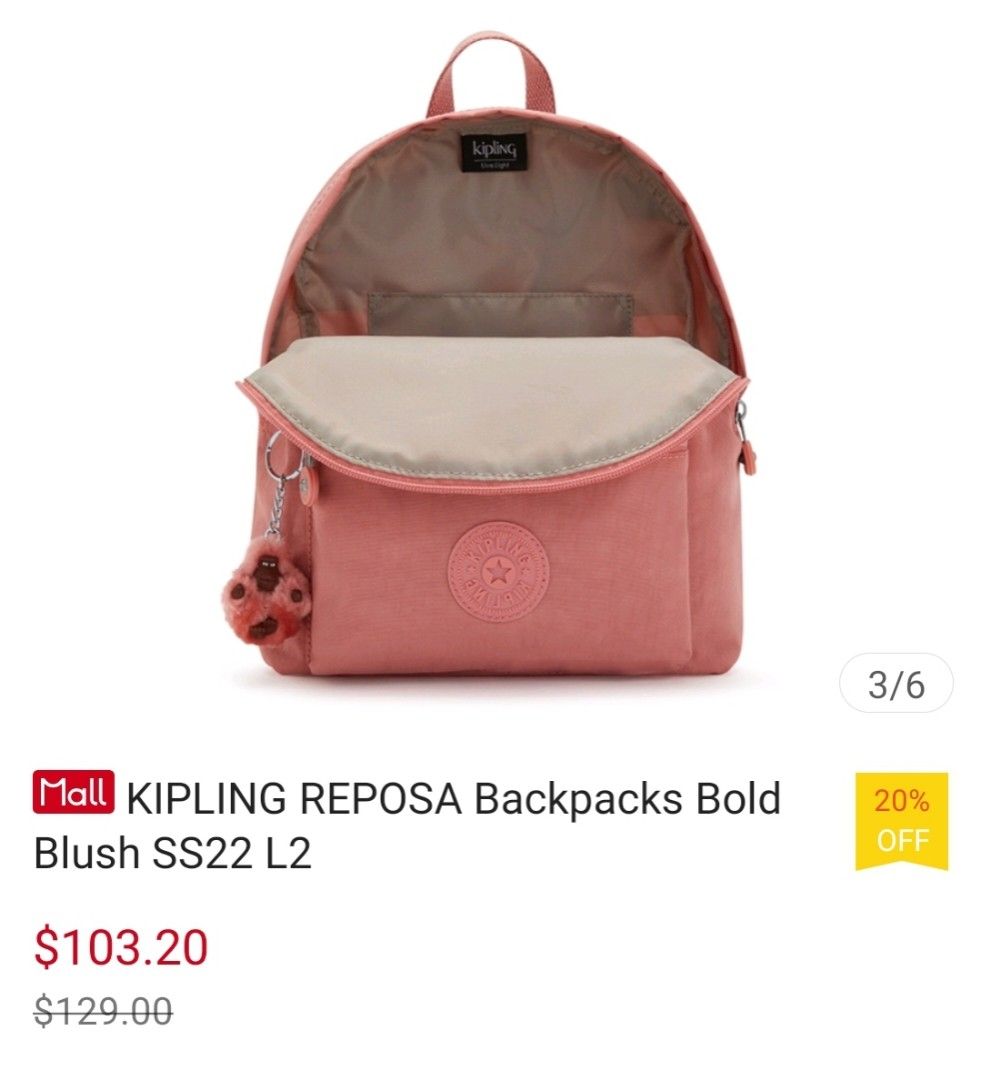 KIPLING backpack (Category: Backpacks) located in Singapore. Submitted by fleurj48 (Listing ID 1214306448, Image 4). Description: Preloved Kipling backpack in bold blush /pink for sale Good condition cos hardly used - Nylon - Dimensions: 8.75"L x 10.75"Н 3.75"D Weight: 0.53 lbs Volume: 6L Top carry handle Adjustable backpack straps Front zip pocket Internal slip pocket Monkey keychain Imported Pm for more details Deal at Marine Parade paynow only