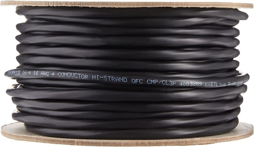 Monoprice - 113726 Nimbus Series 16 Gauge AWG 4 Conductor CMP-Rated Speaker  Wire/Cable - 100ft UL Plenum Rated, 100% Pure Bare Copper with Color Coded 
