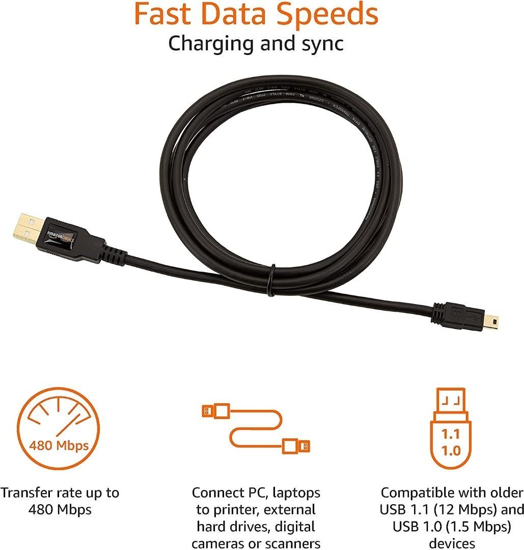 New Arrival! Amazon Basics USB 2.0 A-Male to Mini-B Cable 1.8 m / 6 ...
