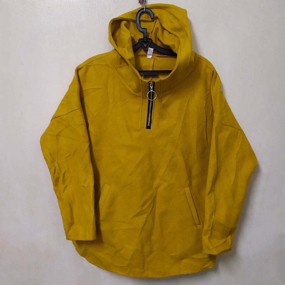 Plain Mustard Fleece Half Zip Korean Hoodie Jacket, Men's Fashion