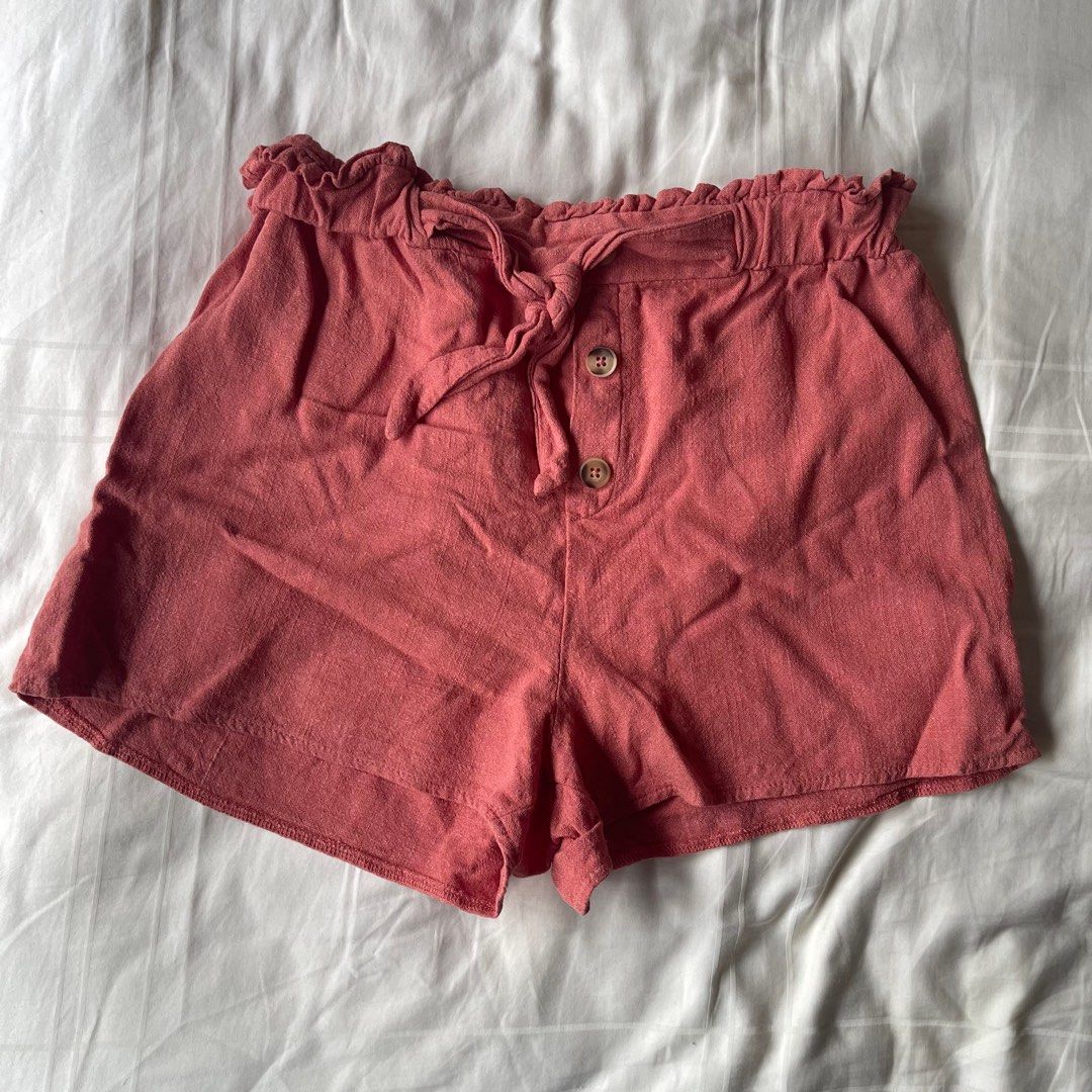 Primark Button down ruched ribbon Shorts in coral pink Women s