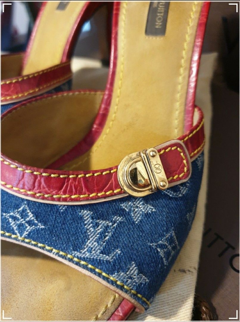 LOUIS VUITTON MONOGRAM DENIM AND LEATHER SLIDE MULES