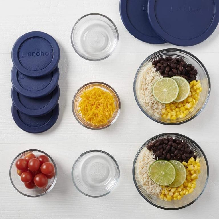 Anchor Hocking anchor hocking 18 piece round glass food storage navy  bpa-free snugfit lids, space saving meal prep containers