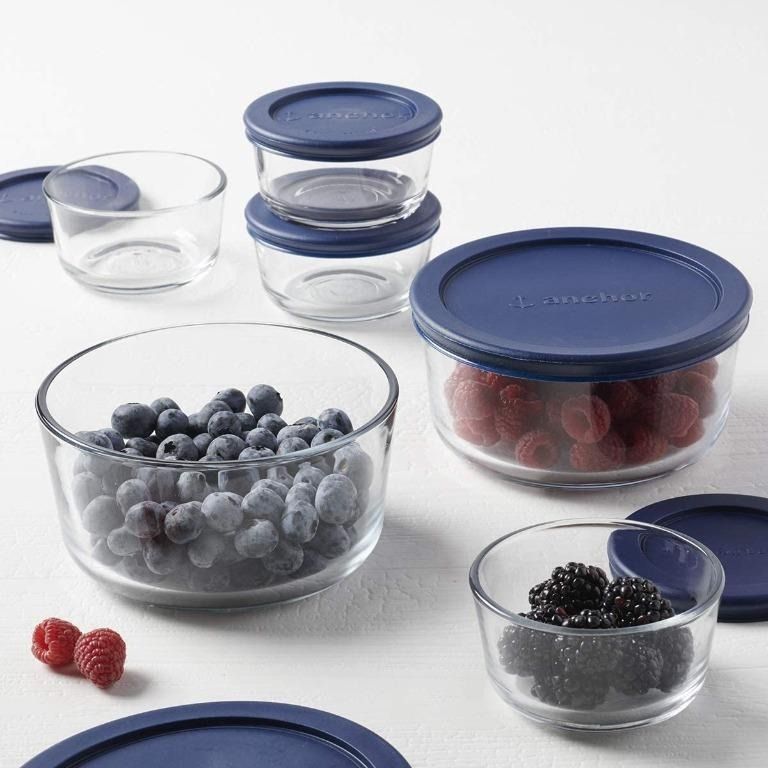 Anchor Hocking anchor hocking 18 piece round glass food storage navy  bpa-free snugfit lids, space saving meal prep containers