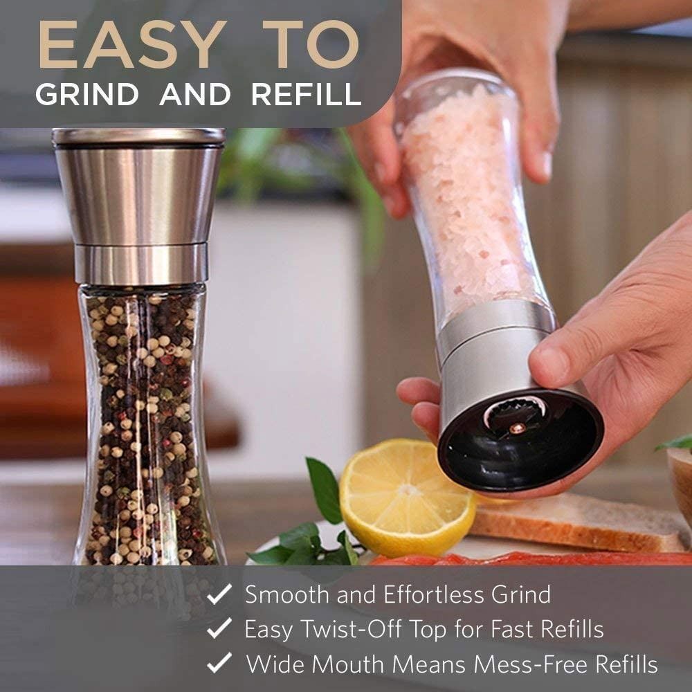  Elegant Pepper and Salt Grinder Set of 2, Best Spice Mill with  Brushed Stainless Steel Cap, Ceramic Blades, Adjustable Coarseness, and  Refillable Tall Glass Body with 6OZ Capacity (7.5).: Home 