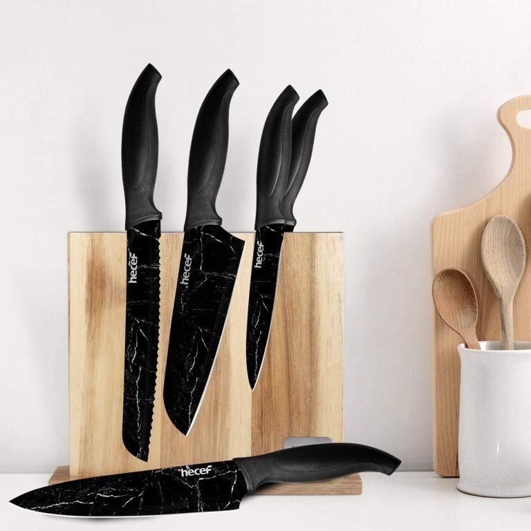 hecef 8-Piece Unique Kitchen knife Set, Knife and Cutting Board Set- 3  Black Stainless Steel Knives with Sheaths and 2 Chopping Mats, Ultra Sharp