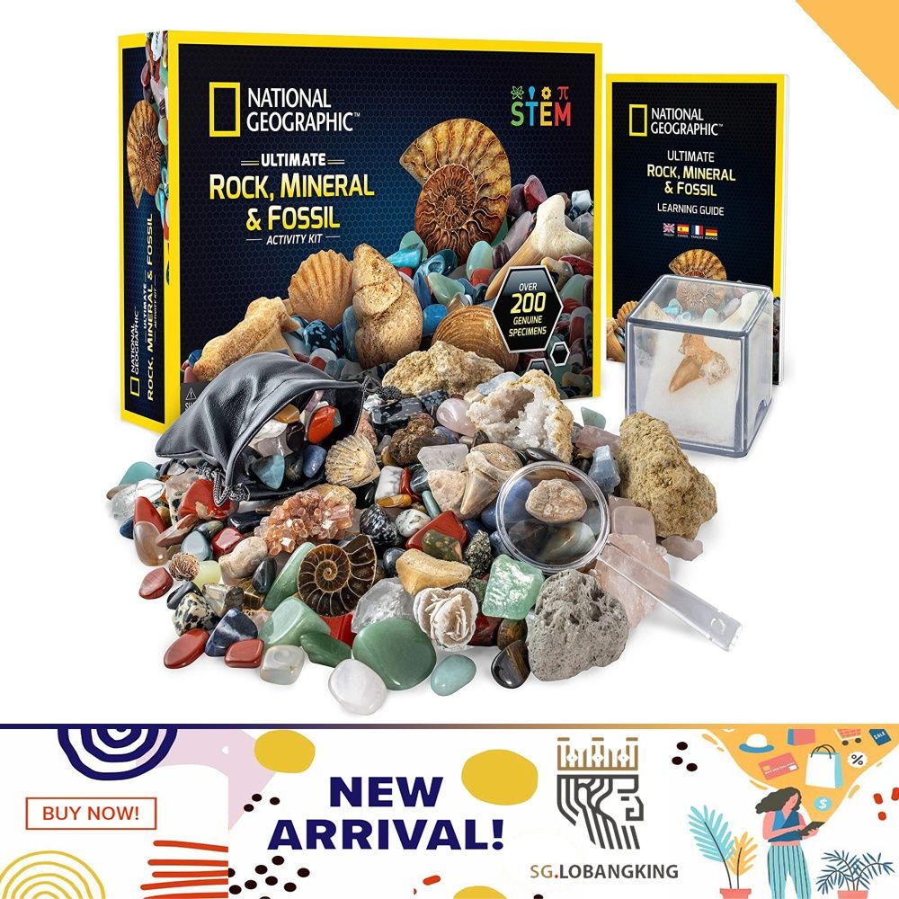 National Geographic Rocks & Fossils Kit 200+ Piece Set Includes geodes Real Fossils Rose Quartz Jasper Aventurine & Many More Rocks Crystals